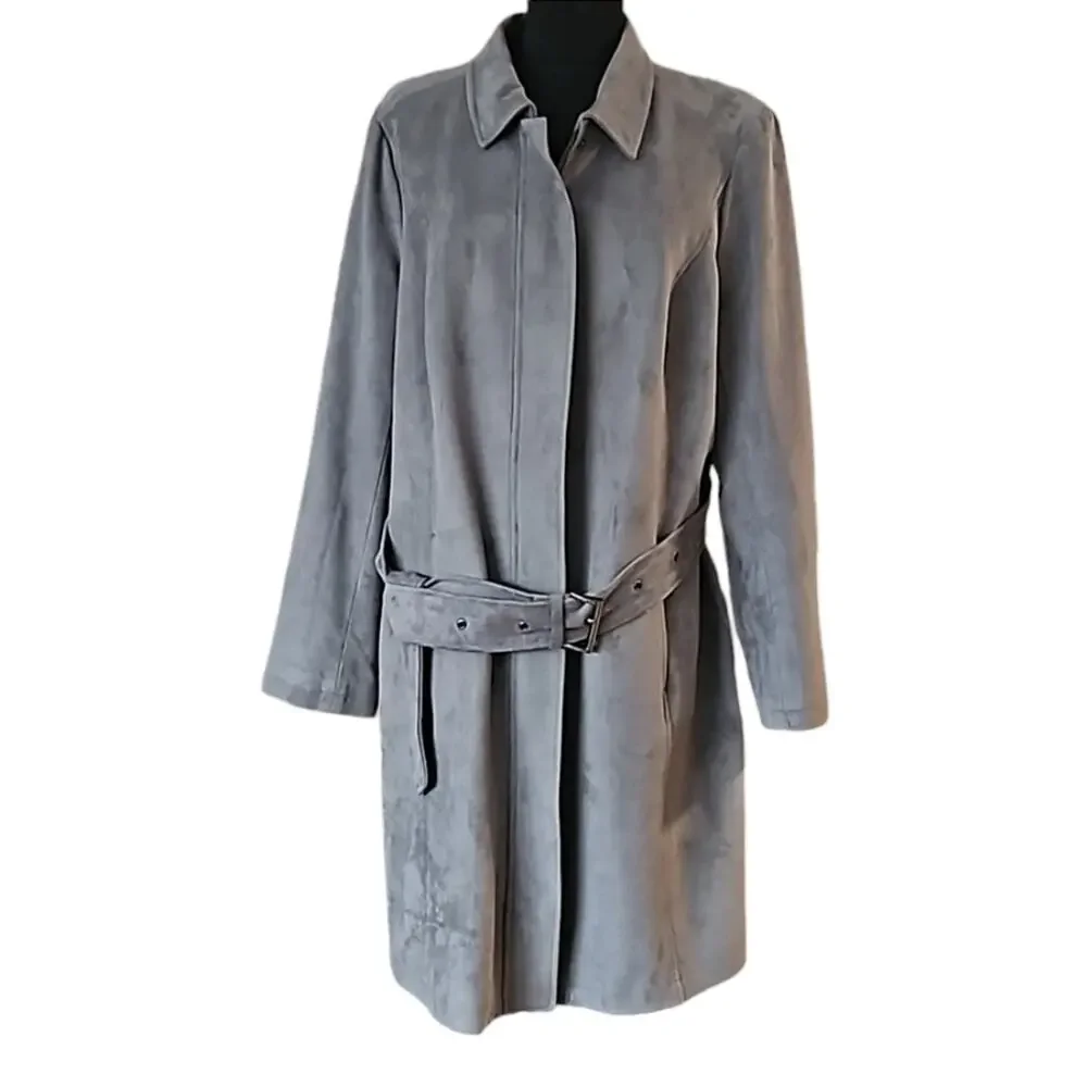 HALSTON Microfiber Zipper Coat with Matching Faux Fur Scarf Wrap